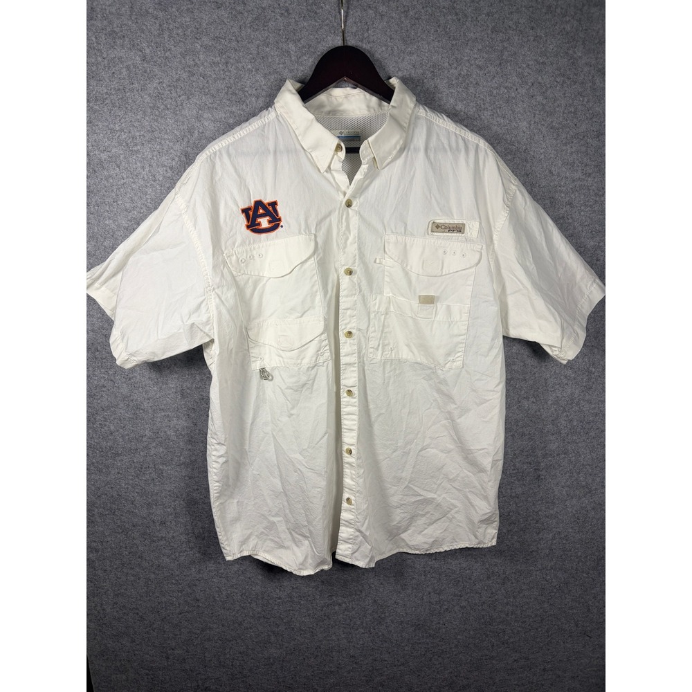 Columbia PFG Auburn Tigers Mens White Short Sleeve Fishing Button Down Shirt XL
